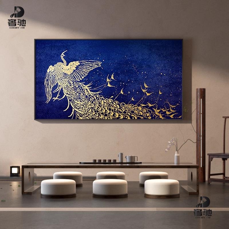 新中式装饰画客厅玄关壁画茶室卧室床头横版蓝色孔雀高级感挂画图片