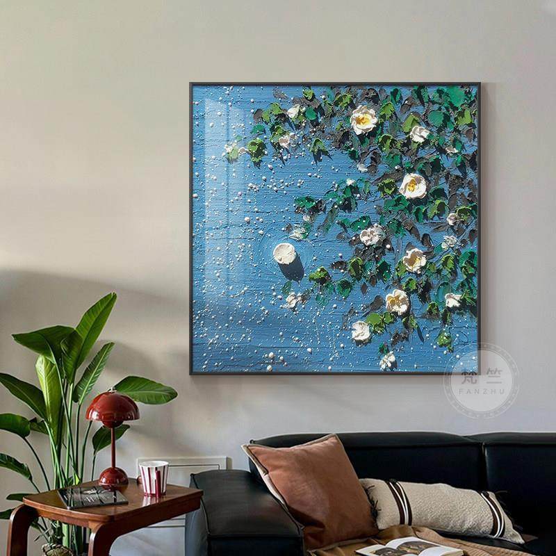 现代简约蓝色花朵抽象方形壁画装饰画客厅玄关卧室背景墙壁挂画,家居饰品,油画,淘宝优惠券,粉丝福利购,淘宝优惠卷