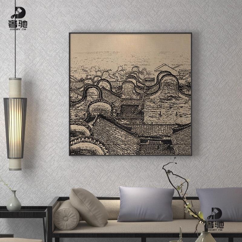 新中式装饰画客厅玄关壁画黄色复古中国风建筑屋顶样板间方形挂画图片