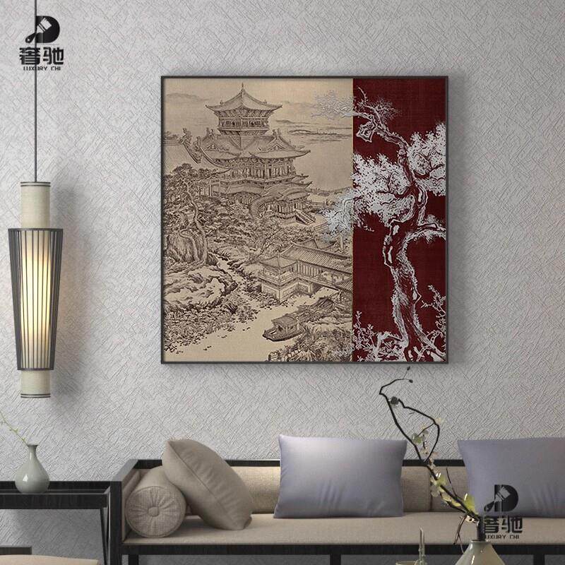 新中式装饰画中国风古典楼阁松树禅意茶室客厅玄关壁画方形挂画