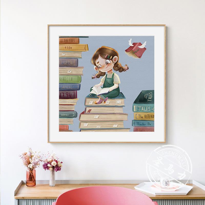 爱读书的小孩儿童房装饰画女孩卧室书房背景墙壁画幼儿园卡通挂画