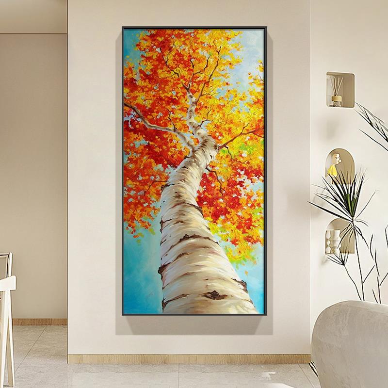 纯手绘风景大尺寸油画白桦树风景挂画客厅玄关现代简约竖版装饰画