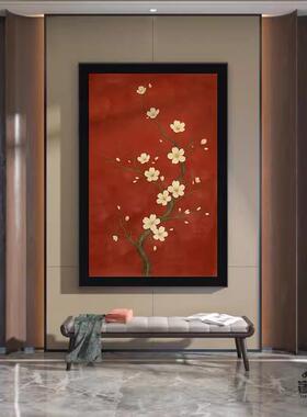 新中式轻奢红色中古风桃花茶室客厅卧室装饰画玄关样板房壁画挂画
