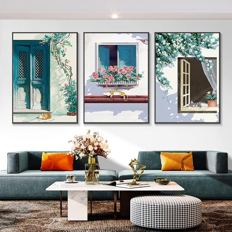 北欧客厅装饰画现代简约沙发背景墙挂画猫咪治愈系小清新餐厅壁画