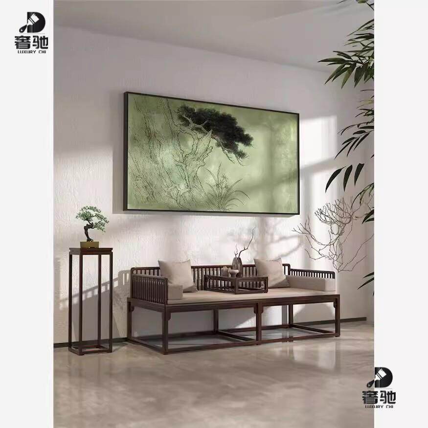 新中式轻奢绿色松树复古艺术客厅餐厅装饰画卧室床头壁画横版挂画