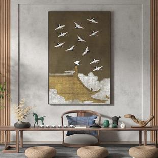 日式壁画首饰店装饰画卧室挂画日系壁画风景画复古中式飞鹤月夜