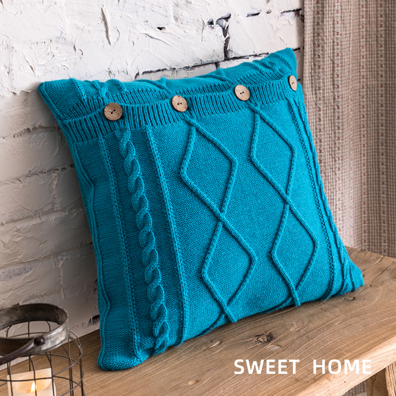 针室毛厅抱枕套沙发座椅靠垫客线卧织美式靠枕腰枕方形复古纽扣款