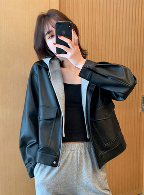 黑色皮衣外套女2025新款酷飒风连帽宽松休闲短款机车外套PU皮夹克