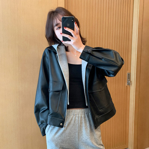 酷飒风连帽短款皮衣外套女