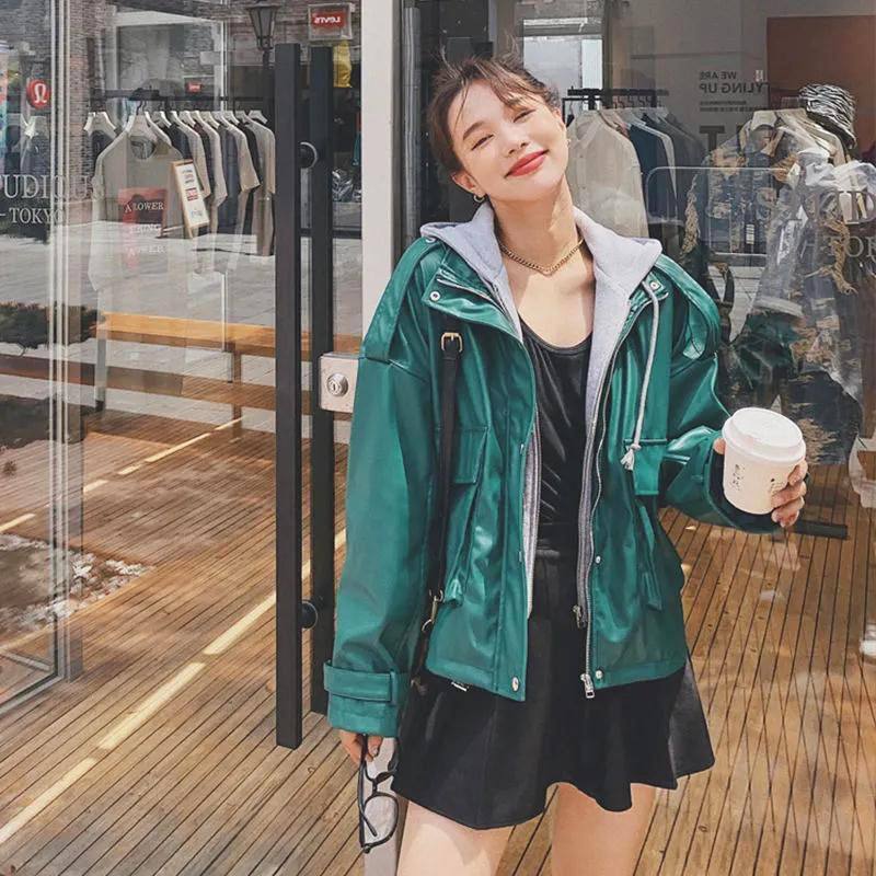 绿色皮衣外套女2025新款假两件连帽小个子短款机车服气质pu皮夹克,女装/女士精品,皮衣,淘宝优惠券,粉丝福利购,淘宝优惠卷