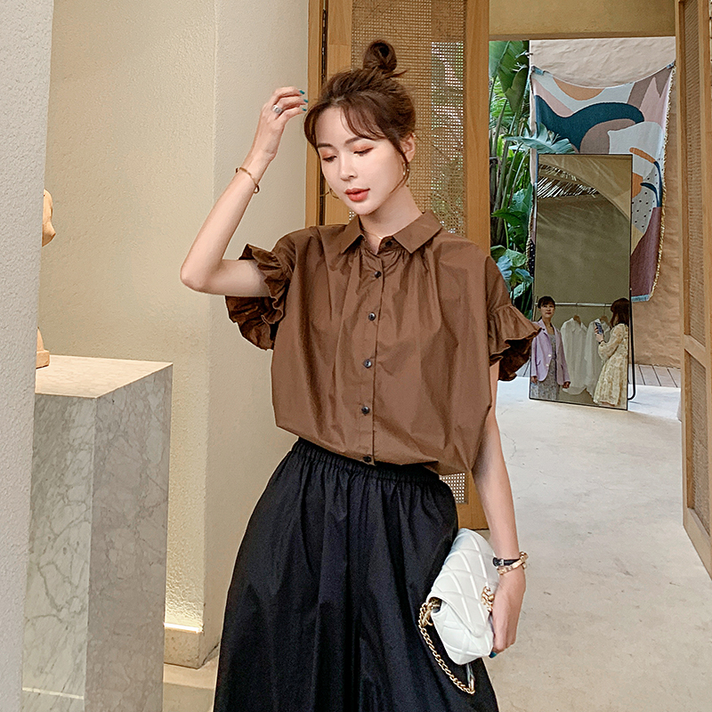短袖衬衫女设计感小众荷叶袖上衣