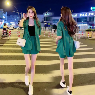 新款 两件套女夏 韩版 时尚 女2022夏季 套装 洋气休闲西服短裤 单