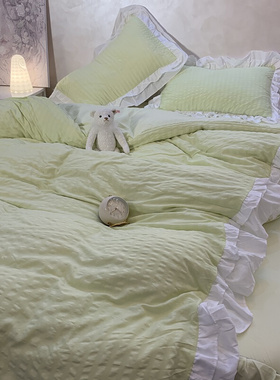 温柔小清新奶绿色泡泡双层花边床上四件套简约纯色床单宿舍三件套