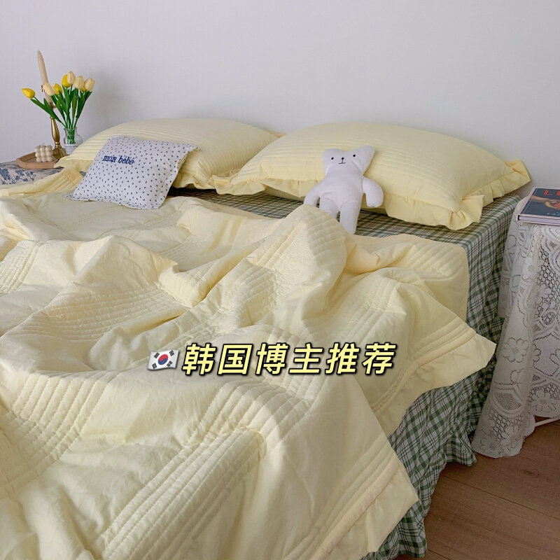 韩国ins风奶油黄雪纺纱夏凉被四件套夏季空调被公主风花边薄被子