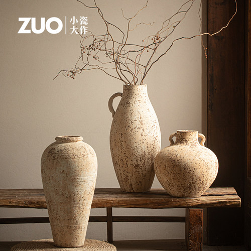 复古侘寂风粗陶罐插干花装饰摆件