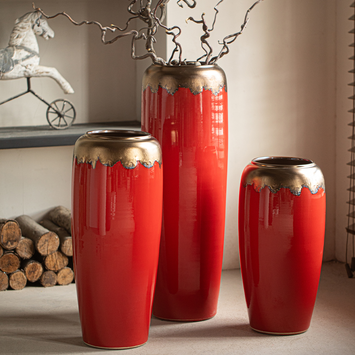 景德镇落地大花瓶客厅装饰结婚喜庆摆件中国红陶瓷花瓶插干花陶罐