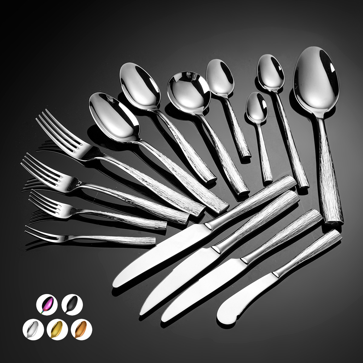 工厂直供高档304锻打方柄树纹不锈钢餐具牛排刀叉勺甜品咖啡勺子