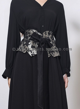 春夏轻奢提花复古女士装饰绑带布腰带配连衣裙外套小众黑色宽腰带