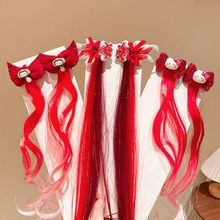 儿童红色假发片发夹女童新年锦鲤喜庆氛围感飘带发卡宝宝编发头饰