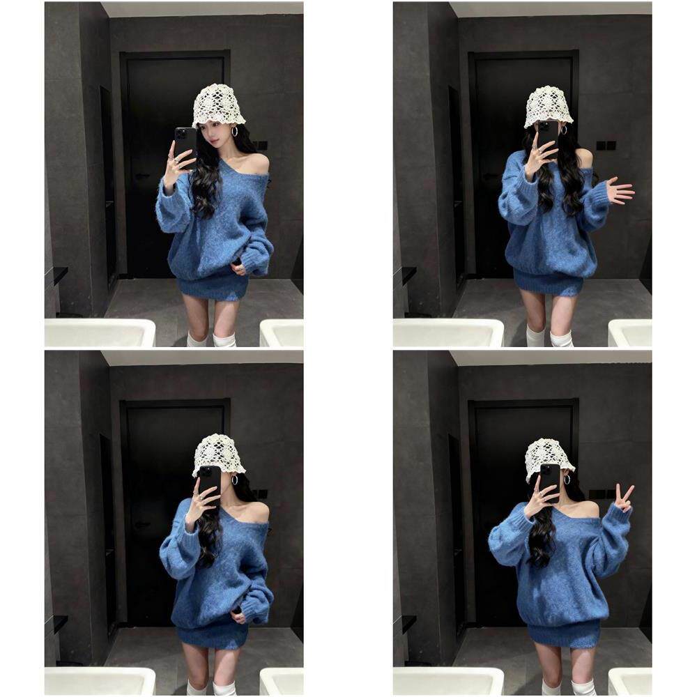 套装女2025新款韩系纯欲风性感露肩蓝色毛衣女高腰显瘦包臀半身裙