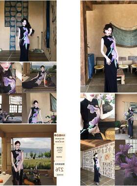 吃绿色菜【鸢紫】复古新中式改良旗袍洋装女无袖收腰印花长裙子