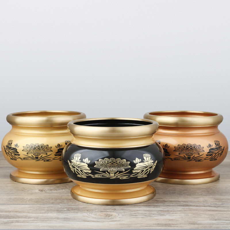 双色珍珠红黄招财莲花铜香炉圆边铜供奉祖先财神佛家香鼎家居摆件