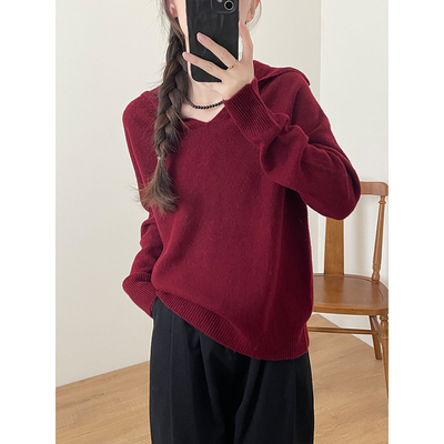 连帽韩系微宽松绵羊毛100%毛衣女