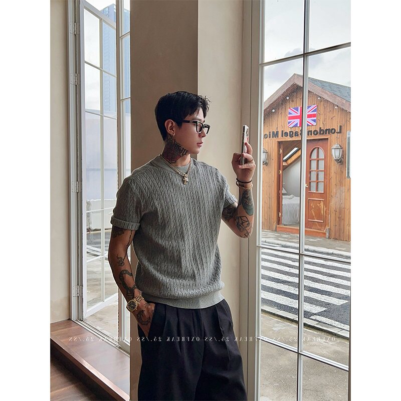 夏季老钱风编织麻花灰色正肩修身针织短袖t恤男韩系高级感打底衫