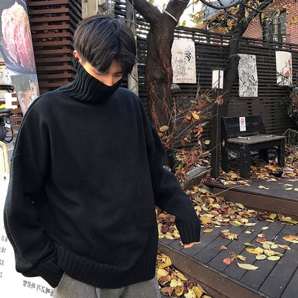 韩版慵懒风加厚黑色高领毛衣男潮ins港风情侣宽松冬季打底针织衫
