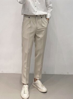 韩版修身垂感西裤男光面小脚九分