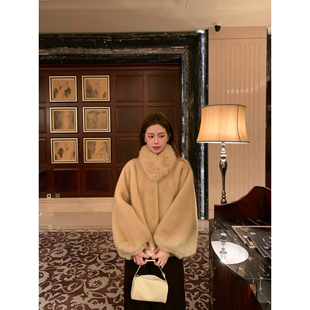 千金感毛领水貂皮毛一体女短款贵气毛毛外套高级感花苞袖毛毛外套