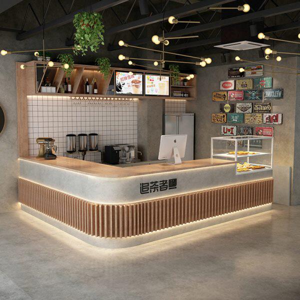 奶茶店吧台收银台实木水吧圆弧转角烘焙店前台吧酒轻奢甜品店