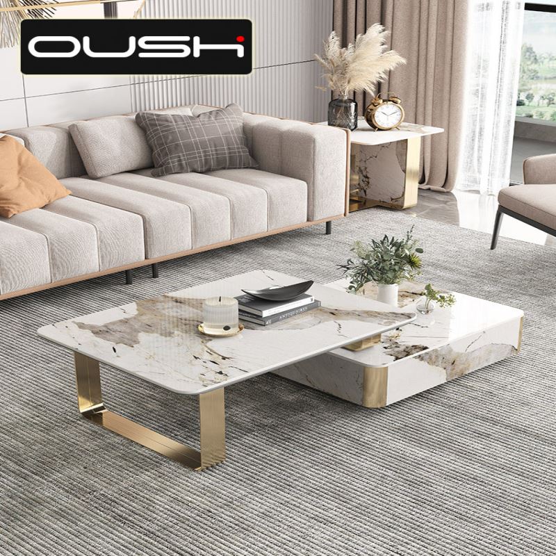 意式轻奢CC亮光岩板可伸缩电视柜茶几组合大小户型客厅拉伸地柜