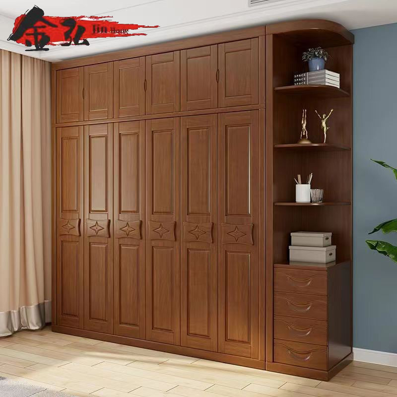 中式实木衣柜家用储物收纳主卧室衣柜3456门加顶加边柜橡胶木衣橱