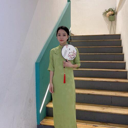 古法全开襟连肩四分袖绵绸旗袍女年轻款春秋