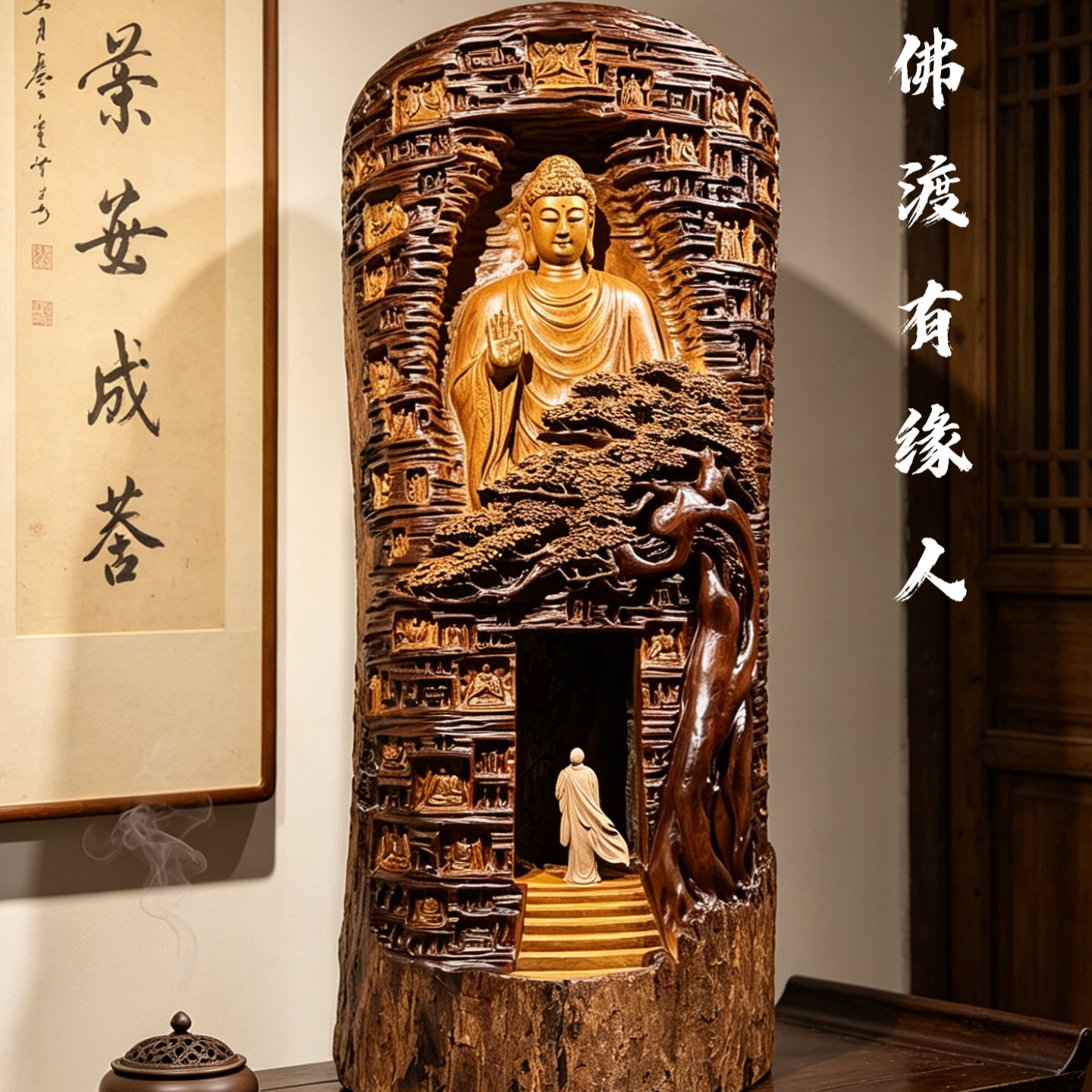 金丝楠崖柏禅意境观音弥勒佛像根雕摆件茶室空间客厅大型木雕摆件