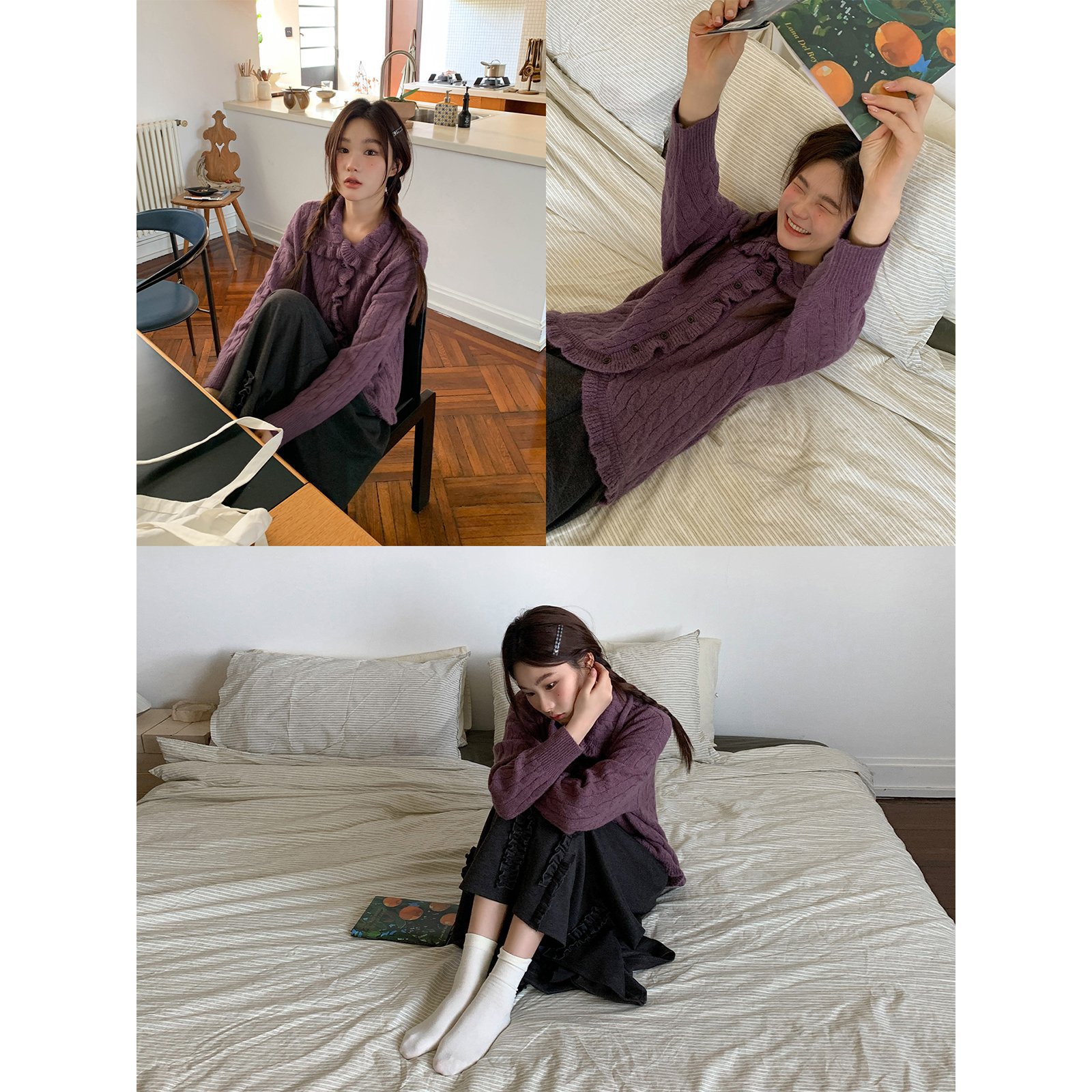 重工荷叶边领麻花针织开衫女秋季小众休闲软糯套头毛衣