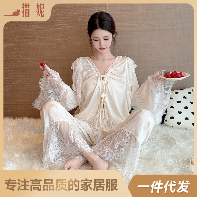 新款冰丝睡衣女春夏高级感法式宫廷风蕾丝拼接套装薄款长袖家居服