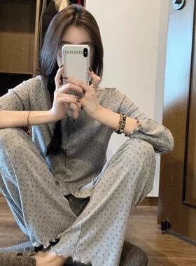 韩系灰色碎花睡衣女春秋季新款甜美休闲长袖家居服两件套直播跨境