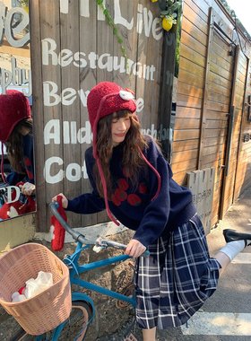 你好卡农 原创番茄提花圆领针织毛衣女秋季韩系宽松显瘦慵懒上衣