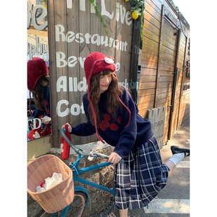 你好卡农 原创番茄提花圆领针织毛衣女秋季韩系宽松显瘦慵懒上衣