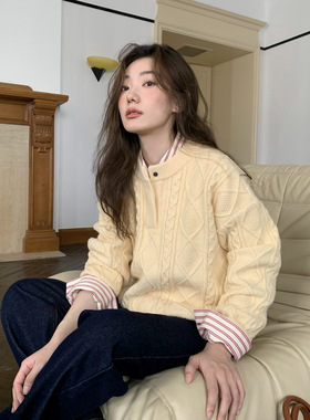 菱格纹肌理亨利领毛衣女春秋新款宽松圆领小个子针织衫