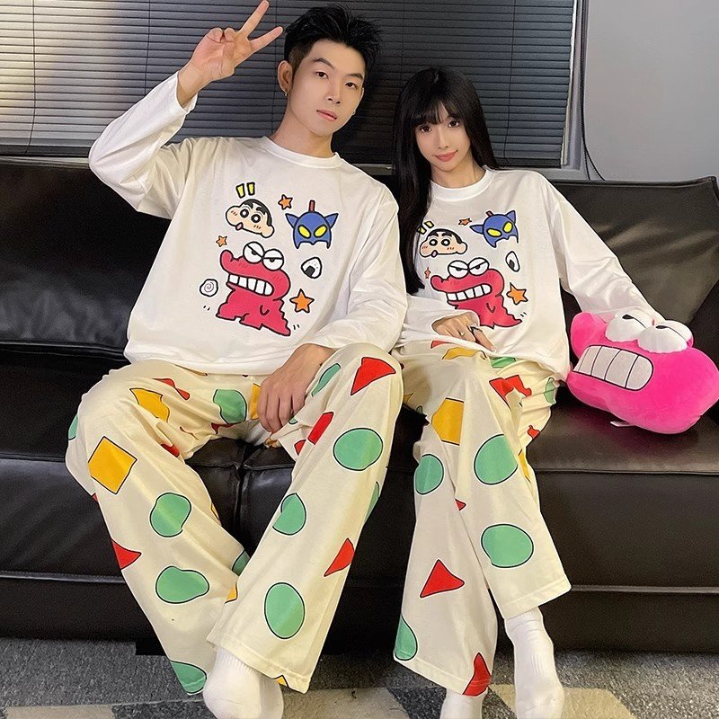 情侣套装ins风睡衣女春秋季长袖长裤秋冬款家居服套装仿棉