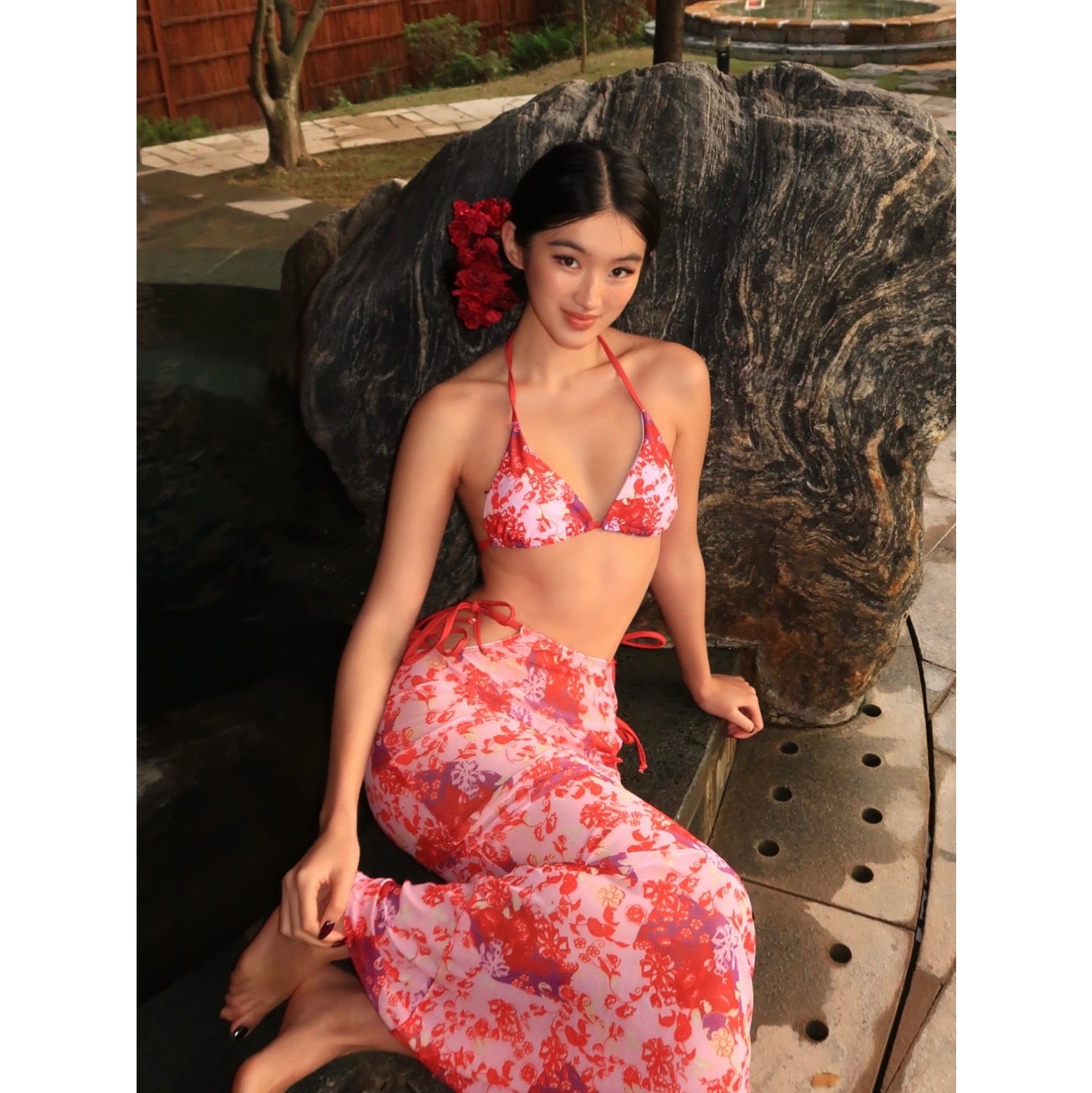 WHIMSY·樱花粉日系双系带分体式性感温泉度假风比基尼三件套