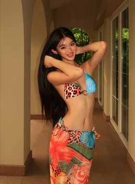 WHIMSY·豹纹橘蓝拼接ins度假风温泉印花性感比基尼网纱三件套