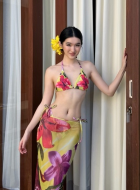 WHIMSY·柠檬黄热带花朵海岛度假风性感比基尼分体网纱裙三件套