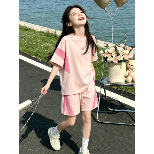 女童夏季拼色短袖短裤套装2026新款中大童洋气舒适宽松运动两件套