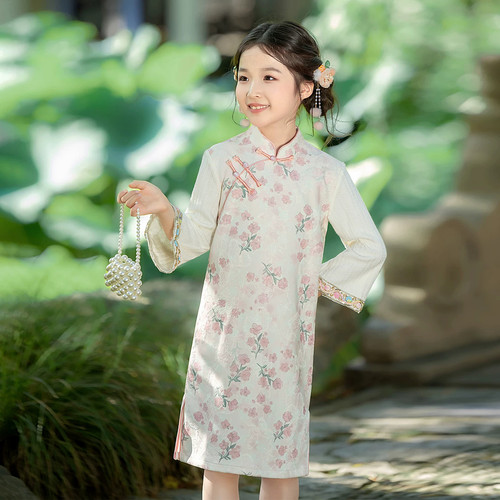女童粉色旗袍连衣裙2026秋季新款中式国风改良长袖儿童古筝演出服