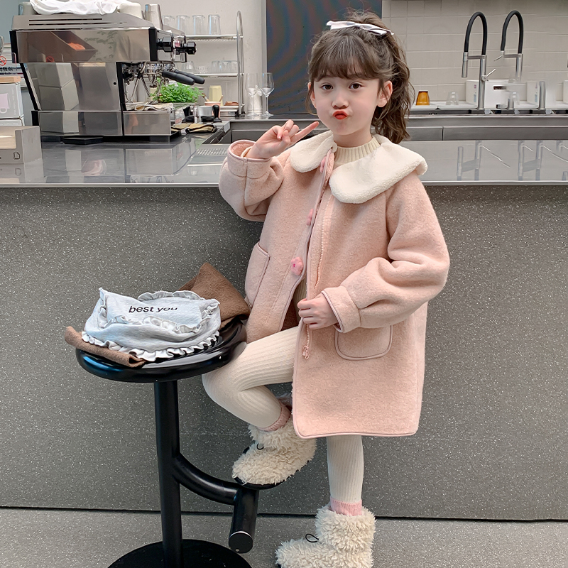 女童秋冬装外套2025新款儿童洋气冬季呢子大衣女孩加绒厚毛呢上衣