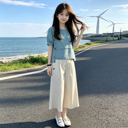女童夏装薄款短袖套装2026新款儿童夏季儿童八分阔腿裤棉麻两件套